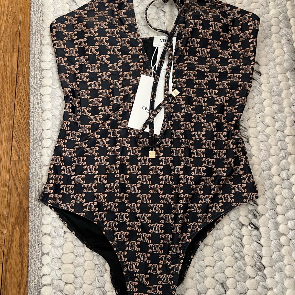 Celiene black and tan logo Patterned one piece halter swimsuit